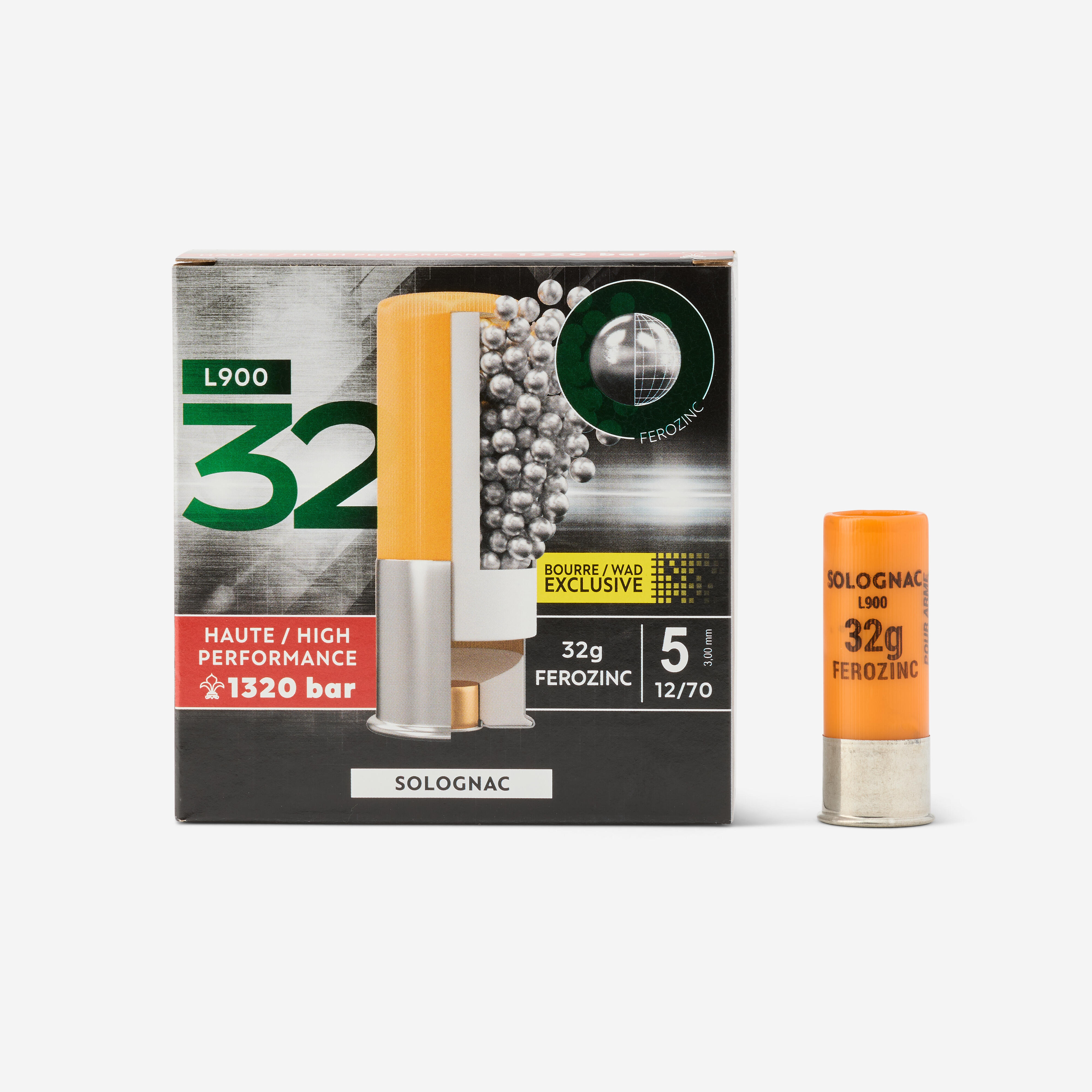 CARTOUCHE L900 32g BD CAL12/70 BILLE FEROZINC N°5 X25 Solognac