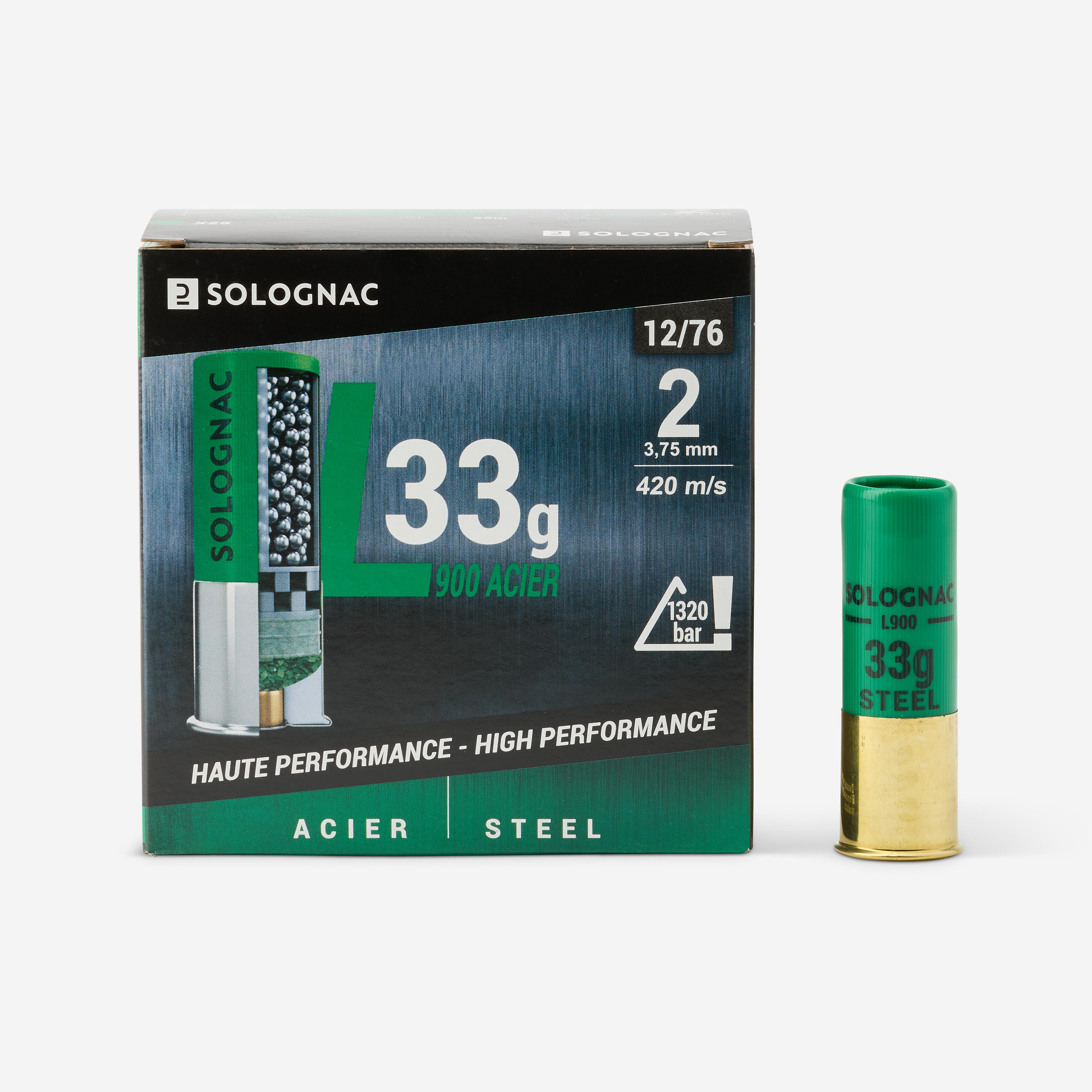 Cartouche L900 33gr Haute Vitesse CALIBRE 12/76 BILLE Acier N°2 X25 Solognac