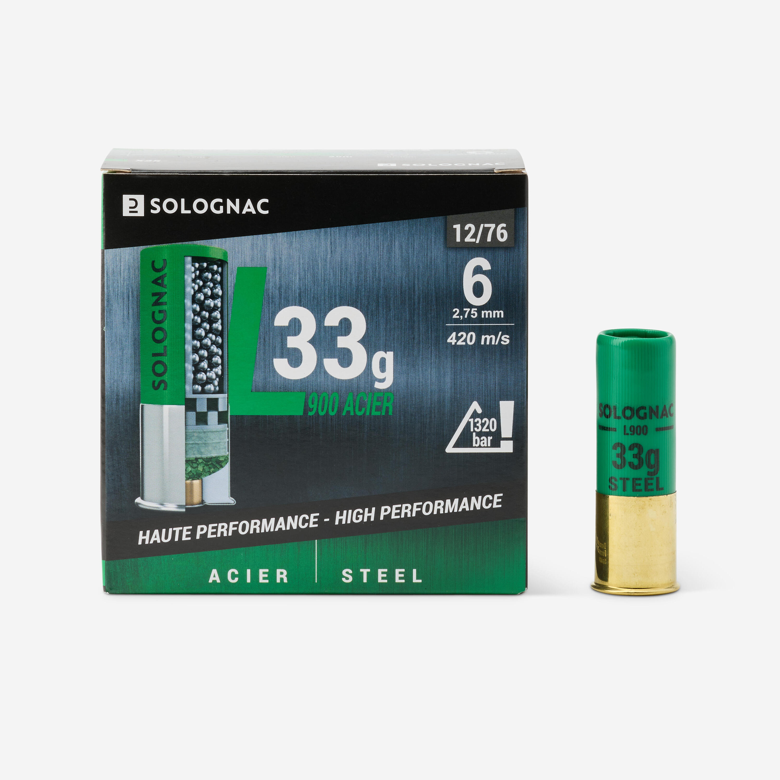SOLOGNAC Cartucho Solognac L900 33 g Calibre 12/76 Alta Velocidad Perdigón Acero N.° 6 x25