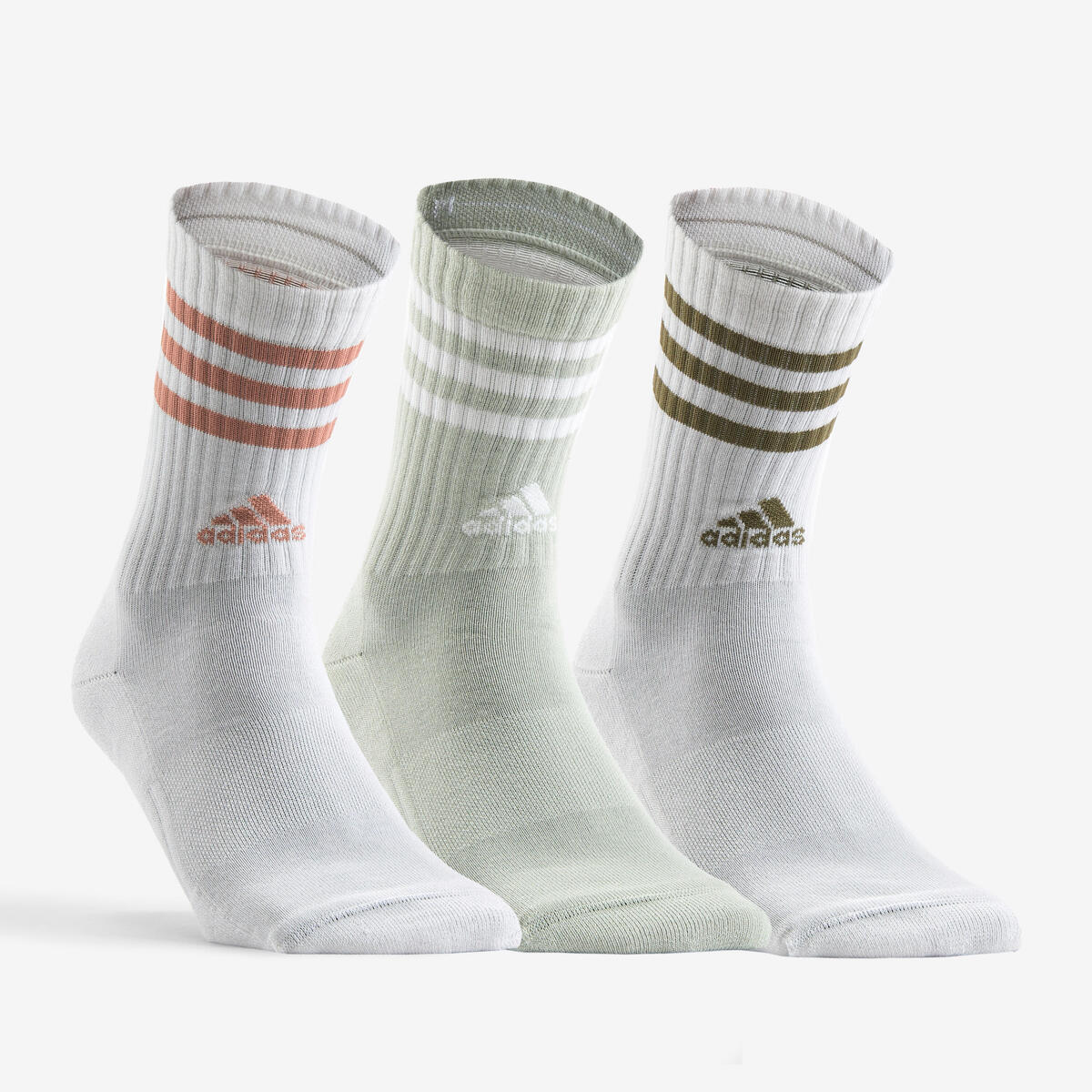 Lot de 3 chaussettes de sport Adidas hautes blanches grises bandes cuivrées.