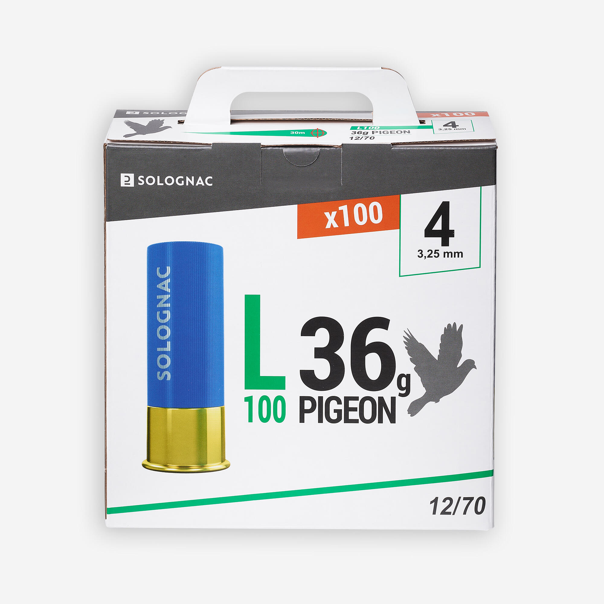 Cartouche l100 36 grammes pigeon calibre 12/70 plomb n°4 x25 6/7