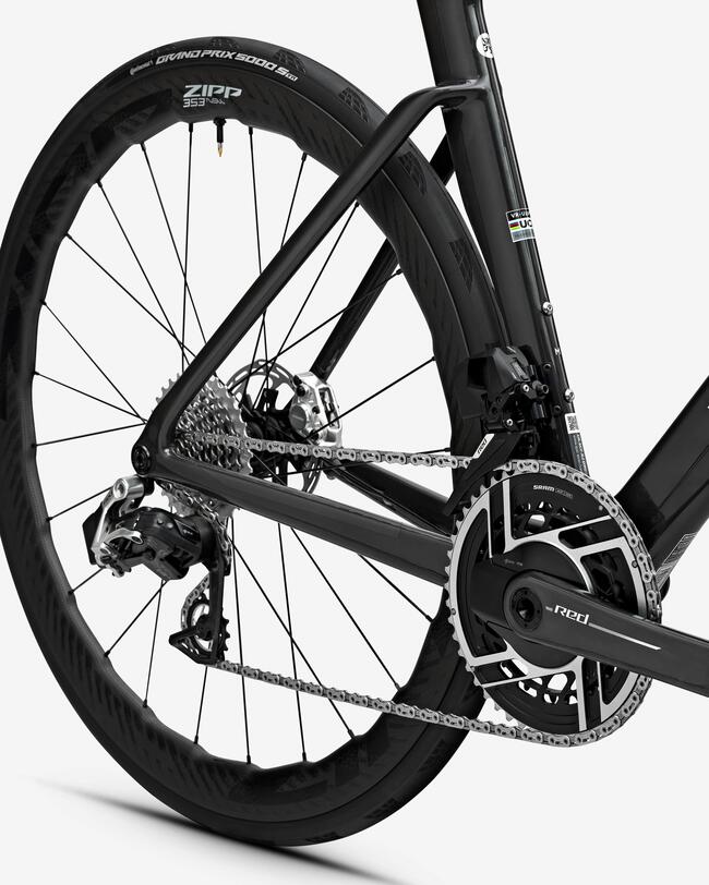 Hinterrad an schwarzem Fahrrad; Schaltwerk mit silbernen Details, silberne Scheibenbremse
