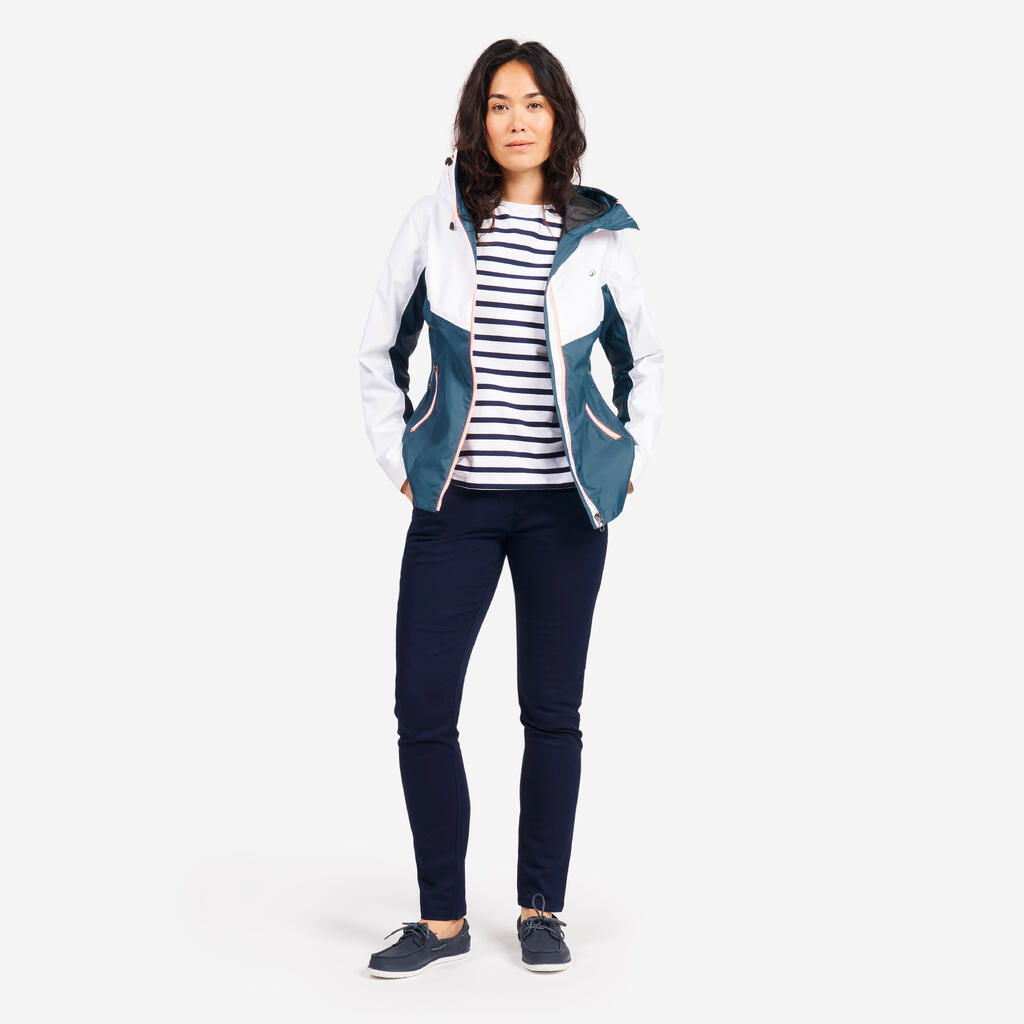 Chamarra de vela impermeable blanco con naranja para mujer Sailing 100