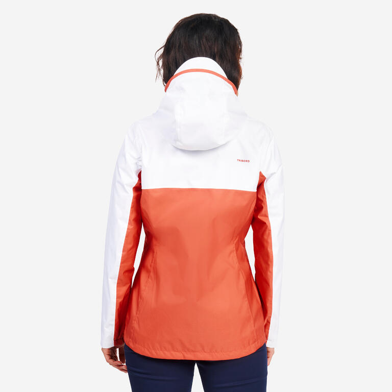 Women's Decathlon Sailing 100 white and orange waterproof rain jacket