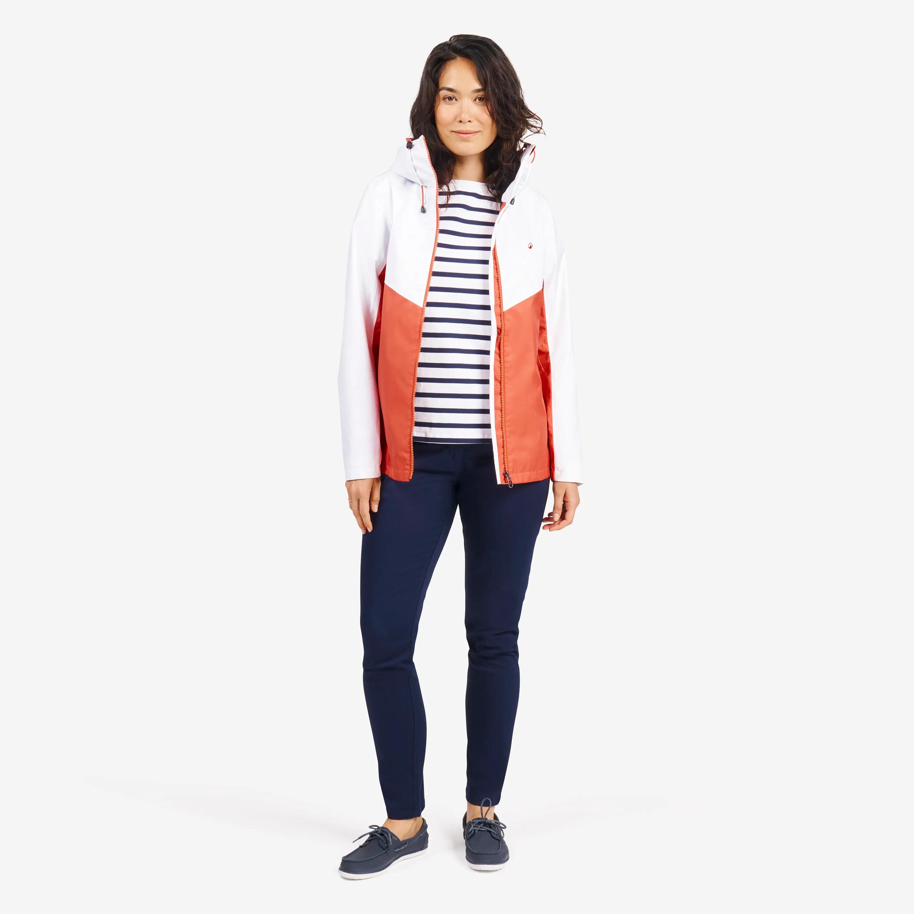 Chamarra de vela impermeable blanco con naranja para mujer Sailing 100 10/21