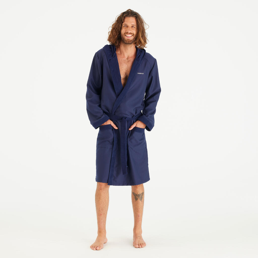 Men’s microfibre compact hooded bathrobe in dark blue