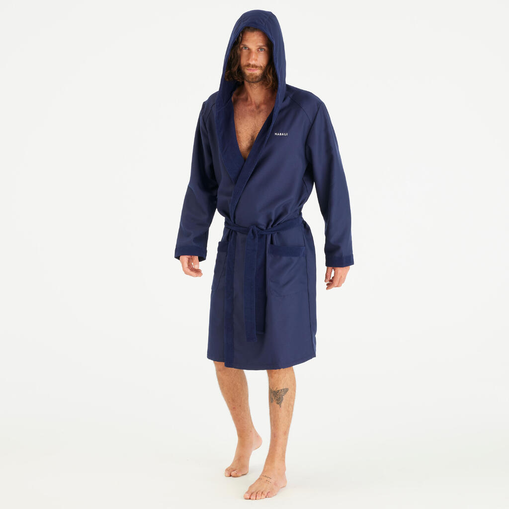 Men’s microfibre compact hooded bathrobe in dark blue