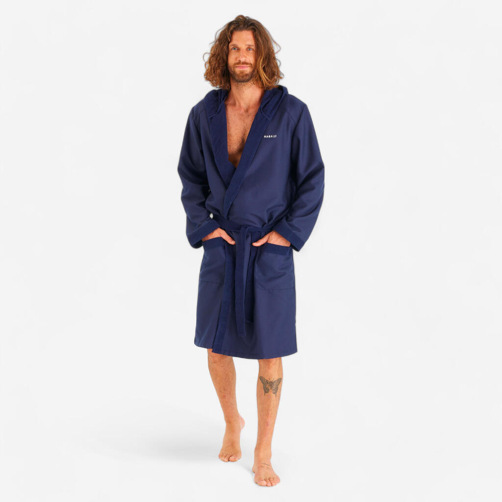 Men’s microfibre compact hooded bathrobe in dark blue