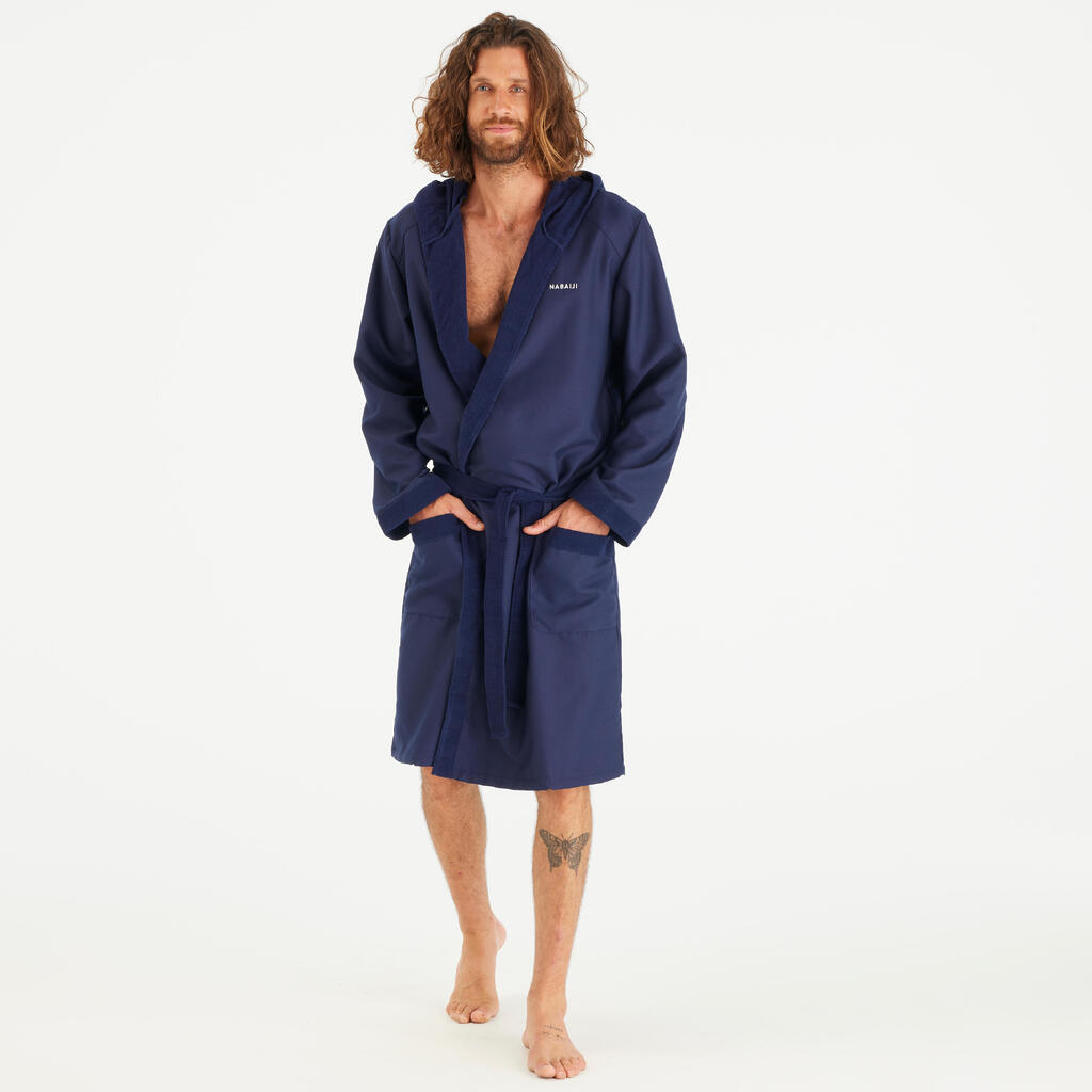 Men’s microfibre compact hooded bathrobe in dark blue