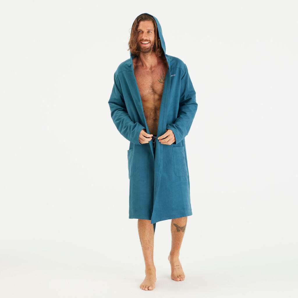 Men’s microfibre compact hooded bathrobe in duck blue