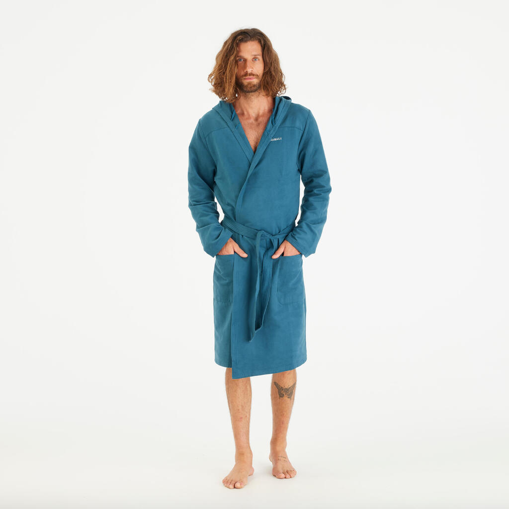 Men’s microfibre compact hooded bathrobe in duck blue