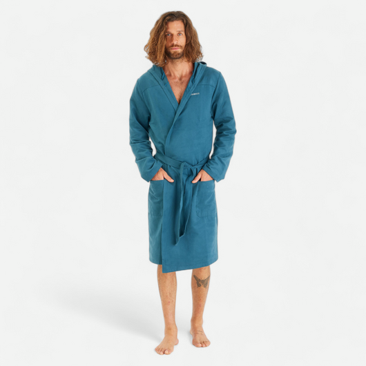 Peignoir de bain compact homme à capuche en microfibre bleu canard