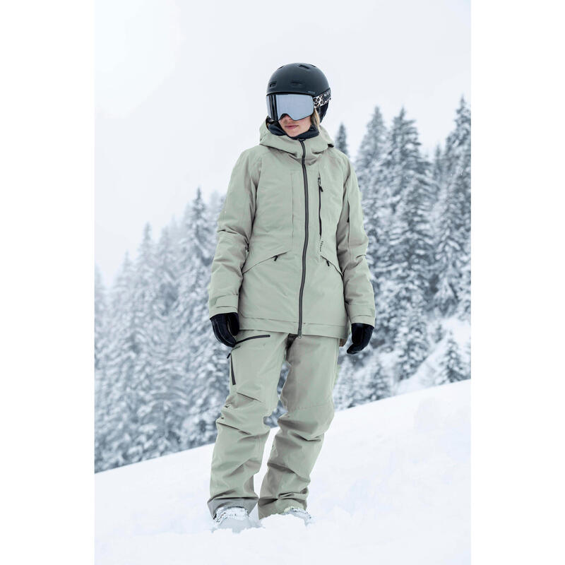 Warm, versatile women's ski jacket, FR 100 sage green WEDZE