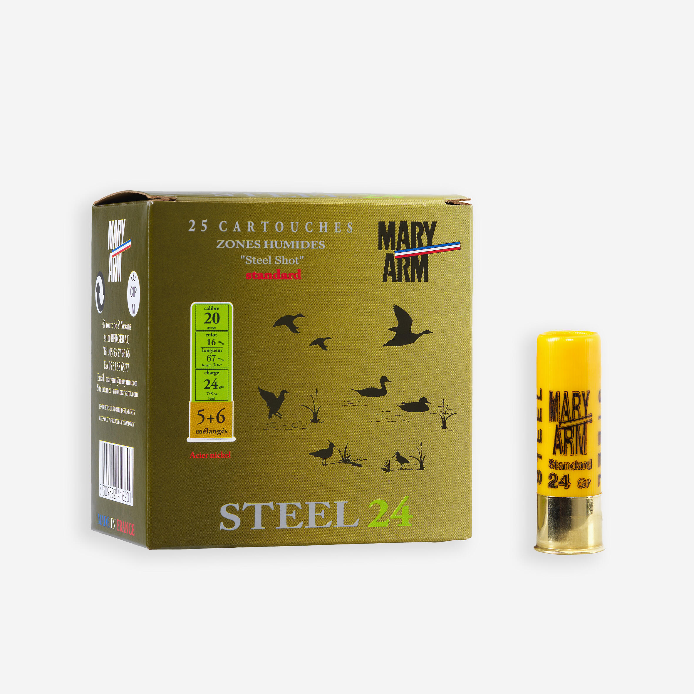 CARTOUCHE STEEL 24g CALIBRE 20/70 BILLE N°5/6 X25 1/2