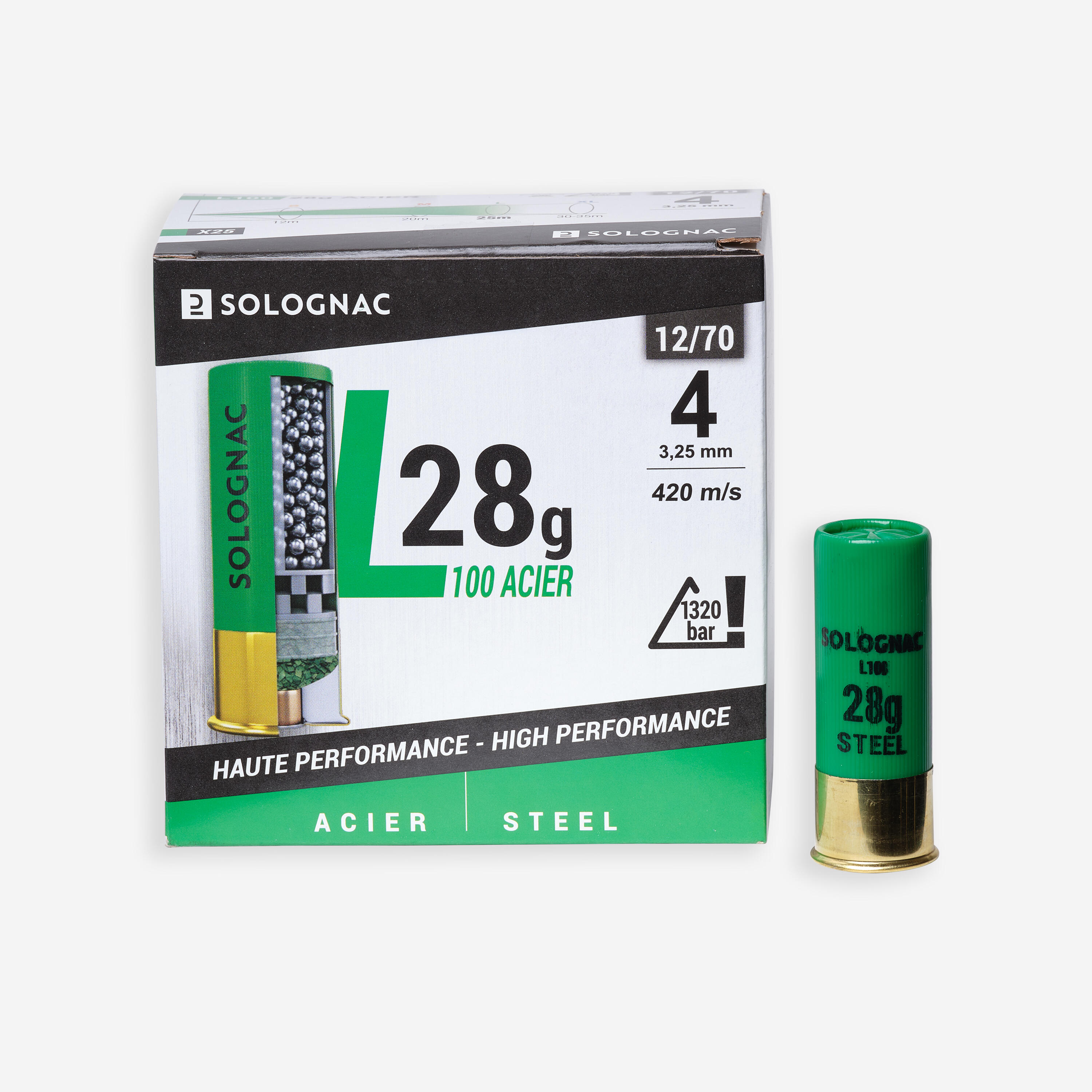 SOLOGNAC Cartucho Caza Solognac L100 28 g Alta Velocidad Calibre 12/70 Pb Acero N.° 4 x25