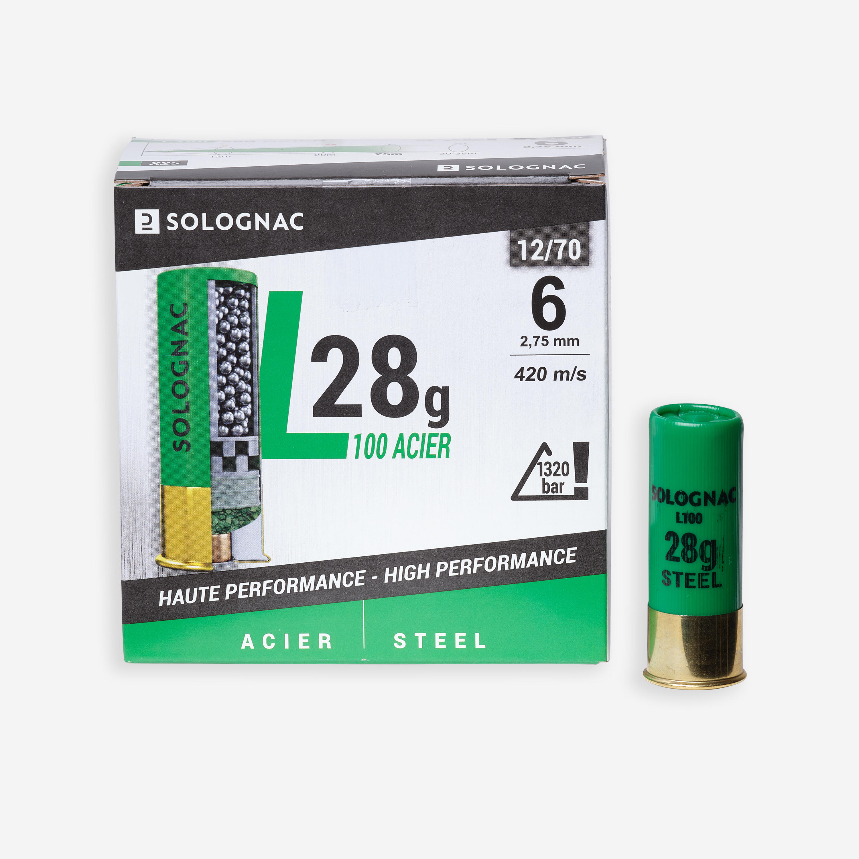 SOLOGNAC Cartucho Caza L100 28 g Calibre 12/70 Alta Velocidad Perdigón Acero n.º 5 X25