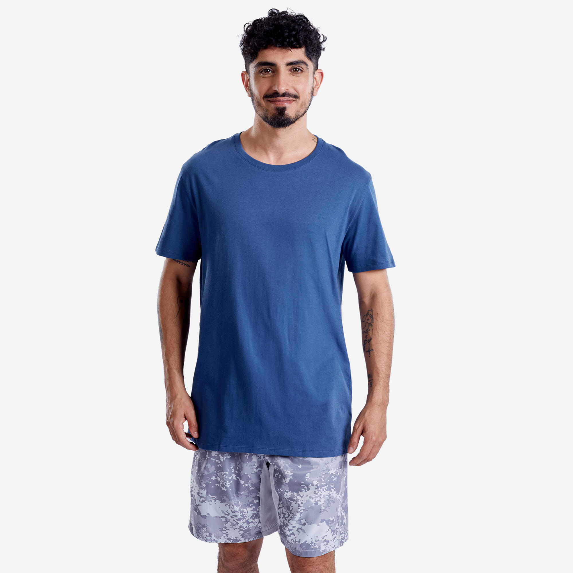 Men Gym Basic T-Shirt, 100% Cotton, Crew Neck, Regular Fit - Abyss Blue