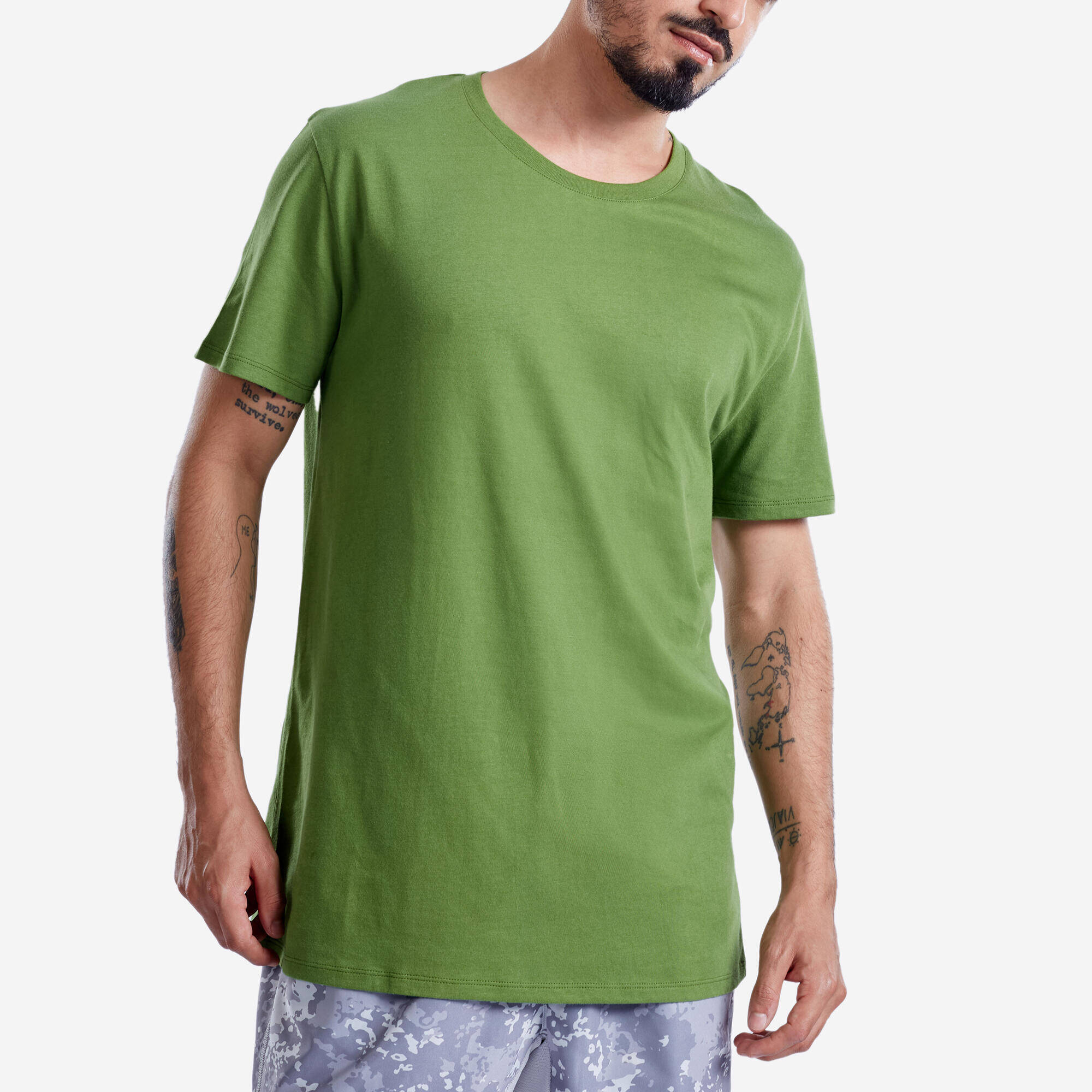 Men Gym Basic T-Shirt, 100% Cotton, Crew Neck, Regular Fit -  Moss Green -  3