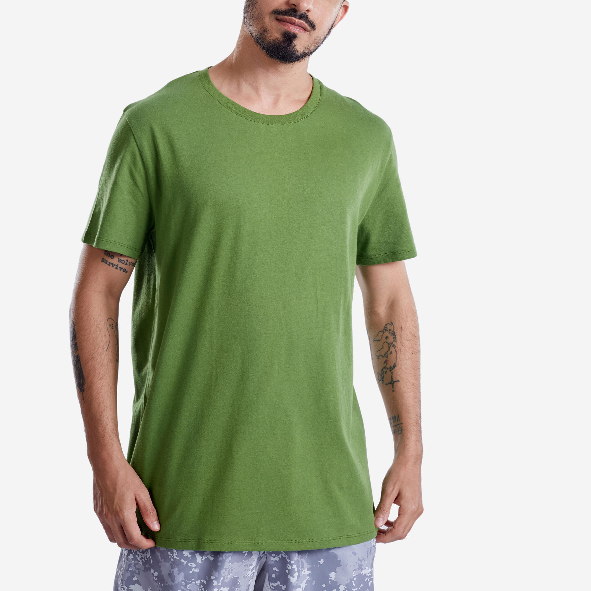 Men Gym Basic T-Shirt, 100% Cotton, Crew Neck, Regular Fit -  Moss Green