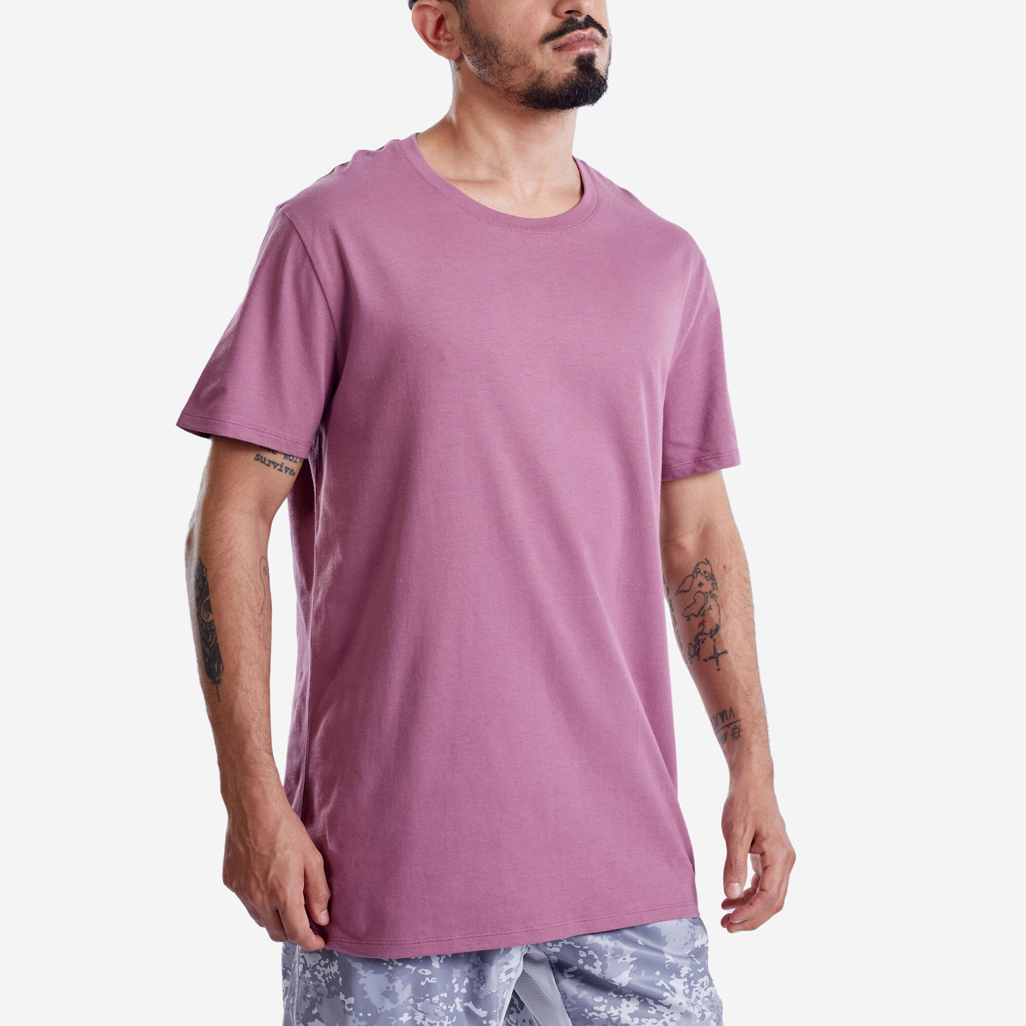 Men Gym Basic T-Shirt, 100% Cotton, Crew Neck, Regular Fit - Old Purple