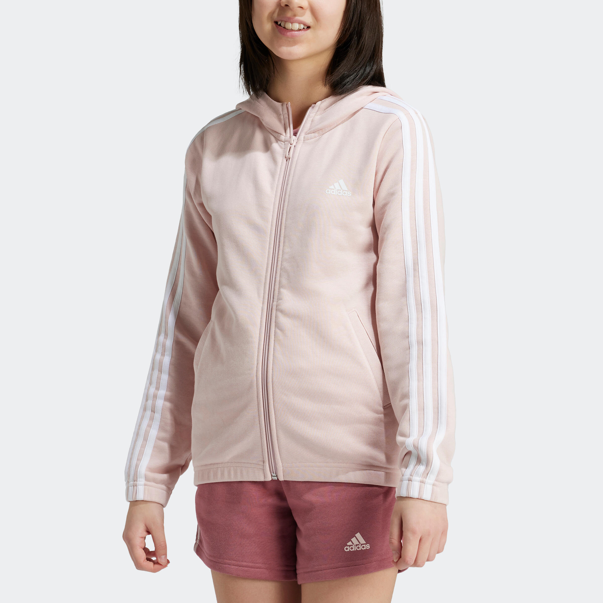 Felpa ADIDAS bambina ginnastica con cappuccio e zip leggera 3 strisce rosa 2/7