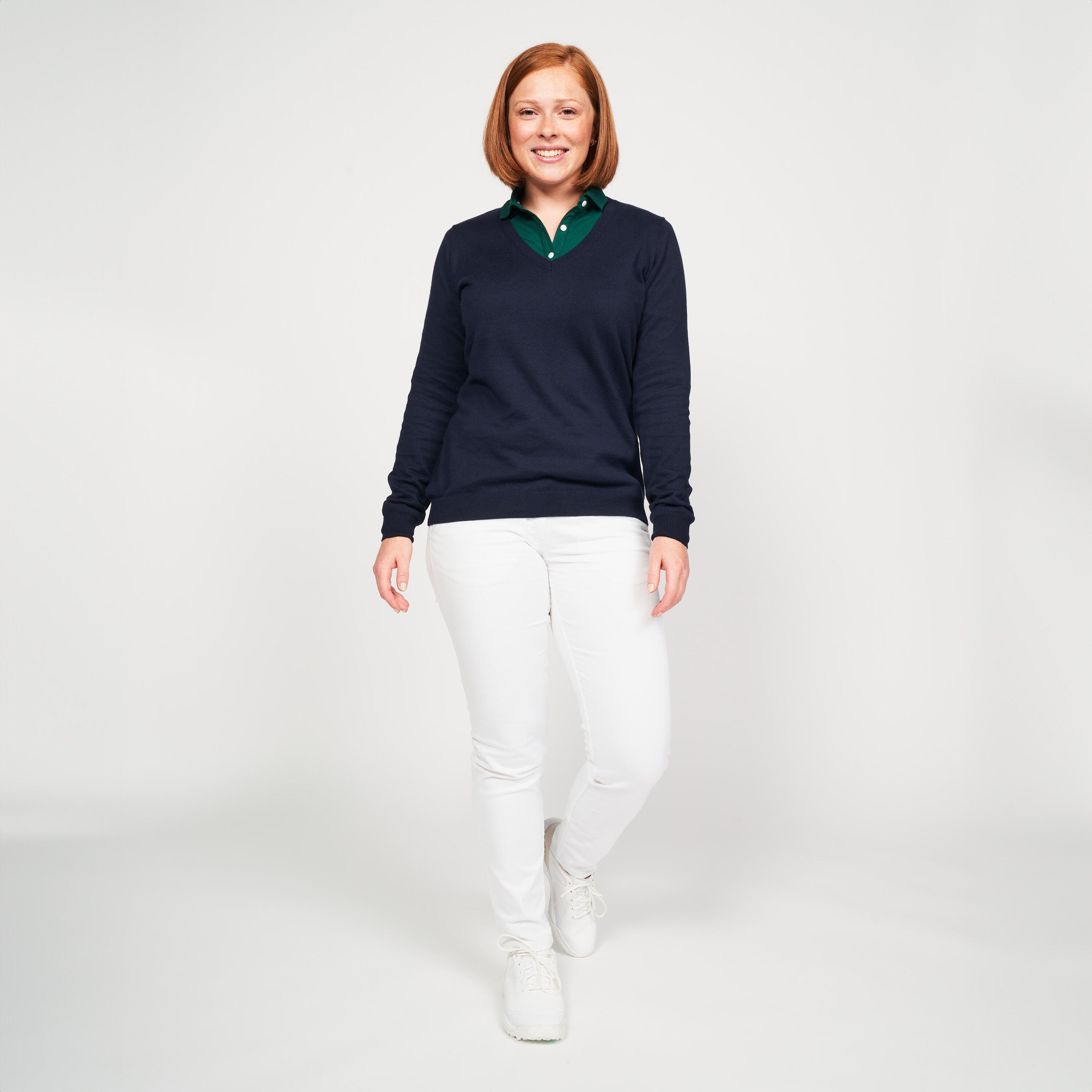 Pull de golf 100% coton col V femme, MW100 Bleu marine 2/6