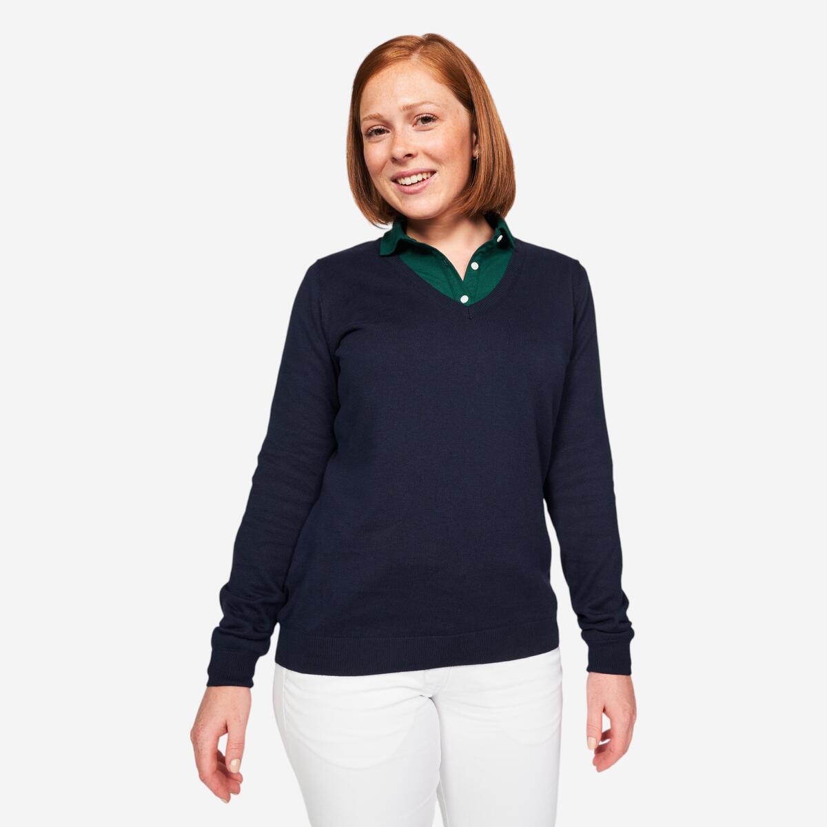 Pull de golf coton col V femme, MW100 Bleu marine