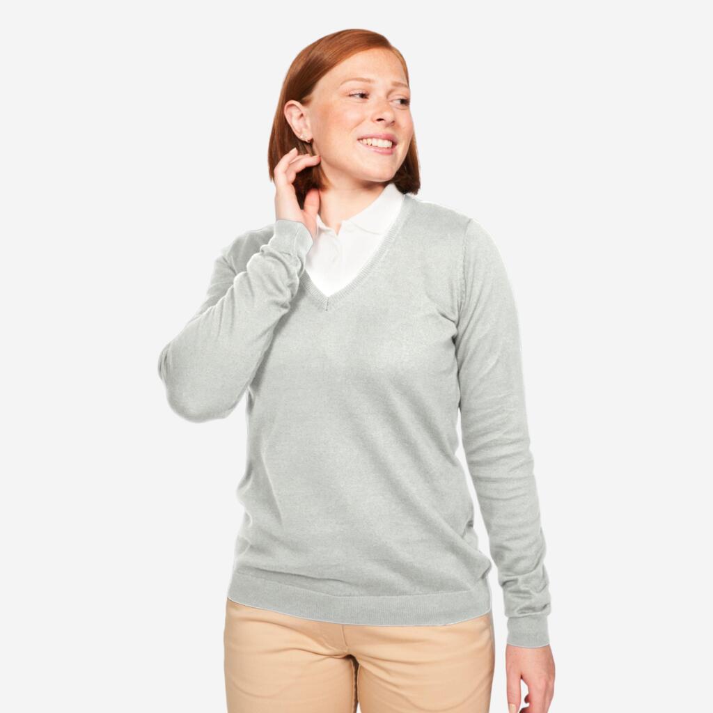 Suéter de golf de algodón con cuello V gris para mujer MW100