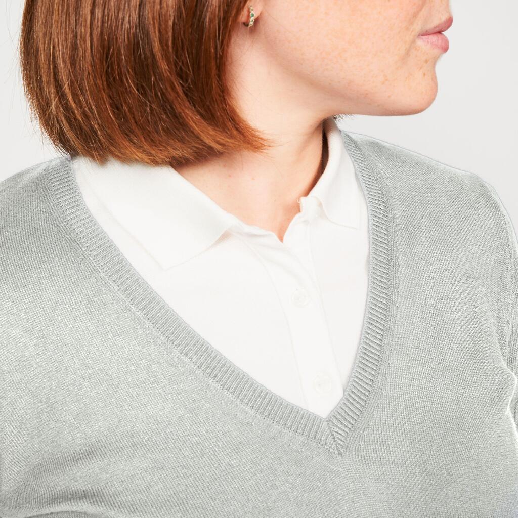 Suéter de golf de algodón con cuello V gris para mujer MW100