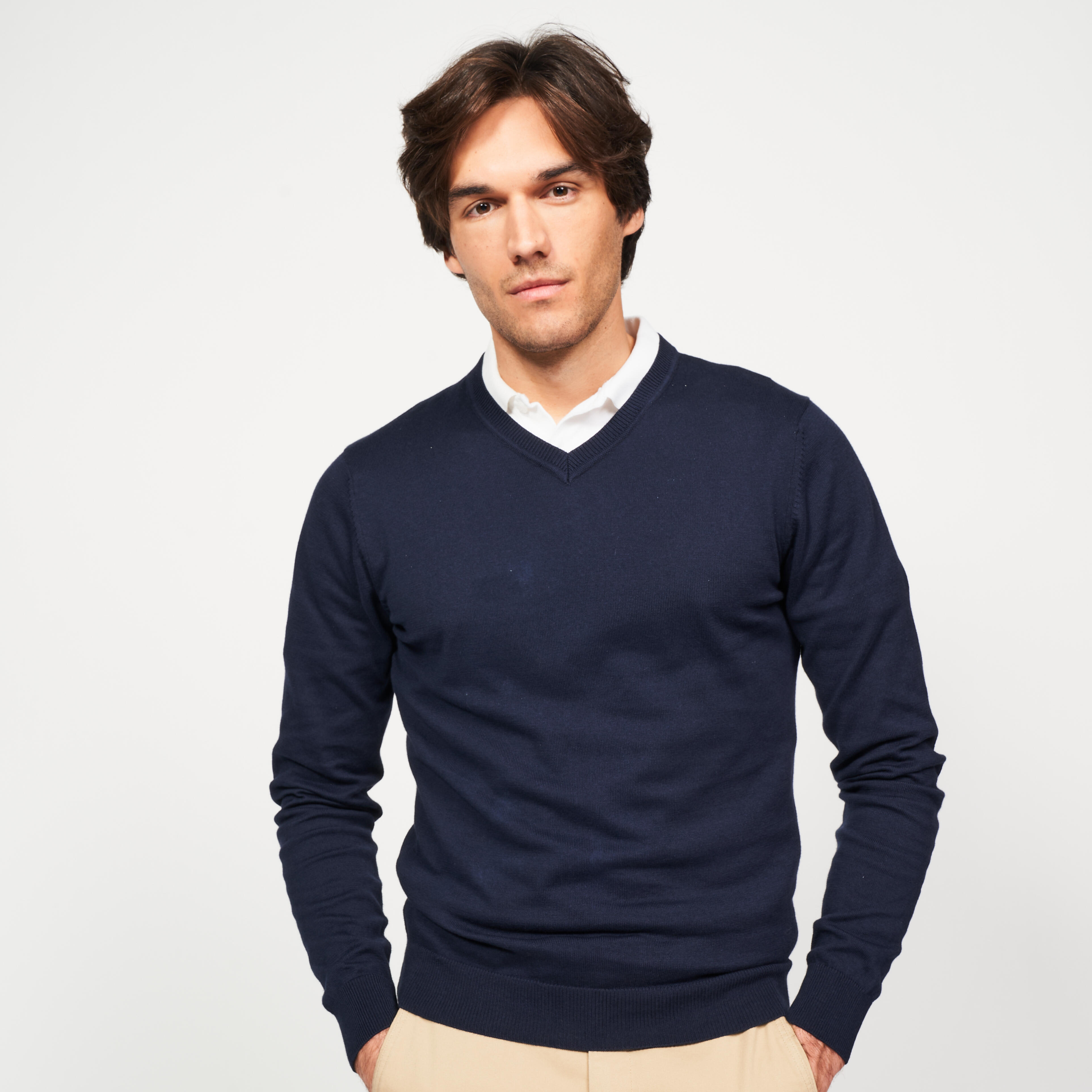 Men's V-neck cotton golf sweater, CW100 Navy blue