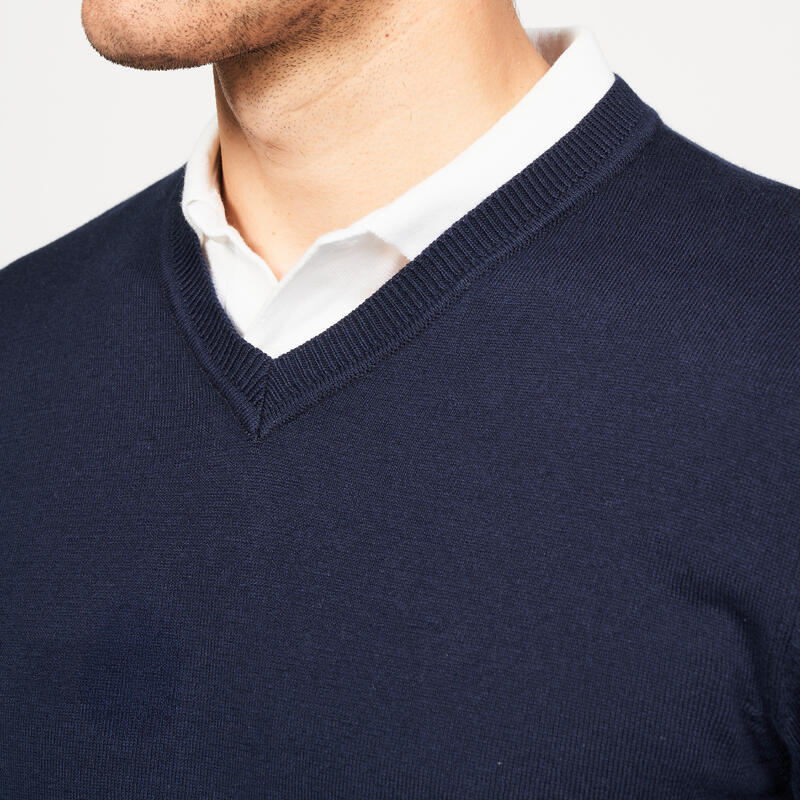 Pull de golf coton col V homme, CW100 Bleu marine