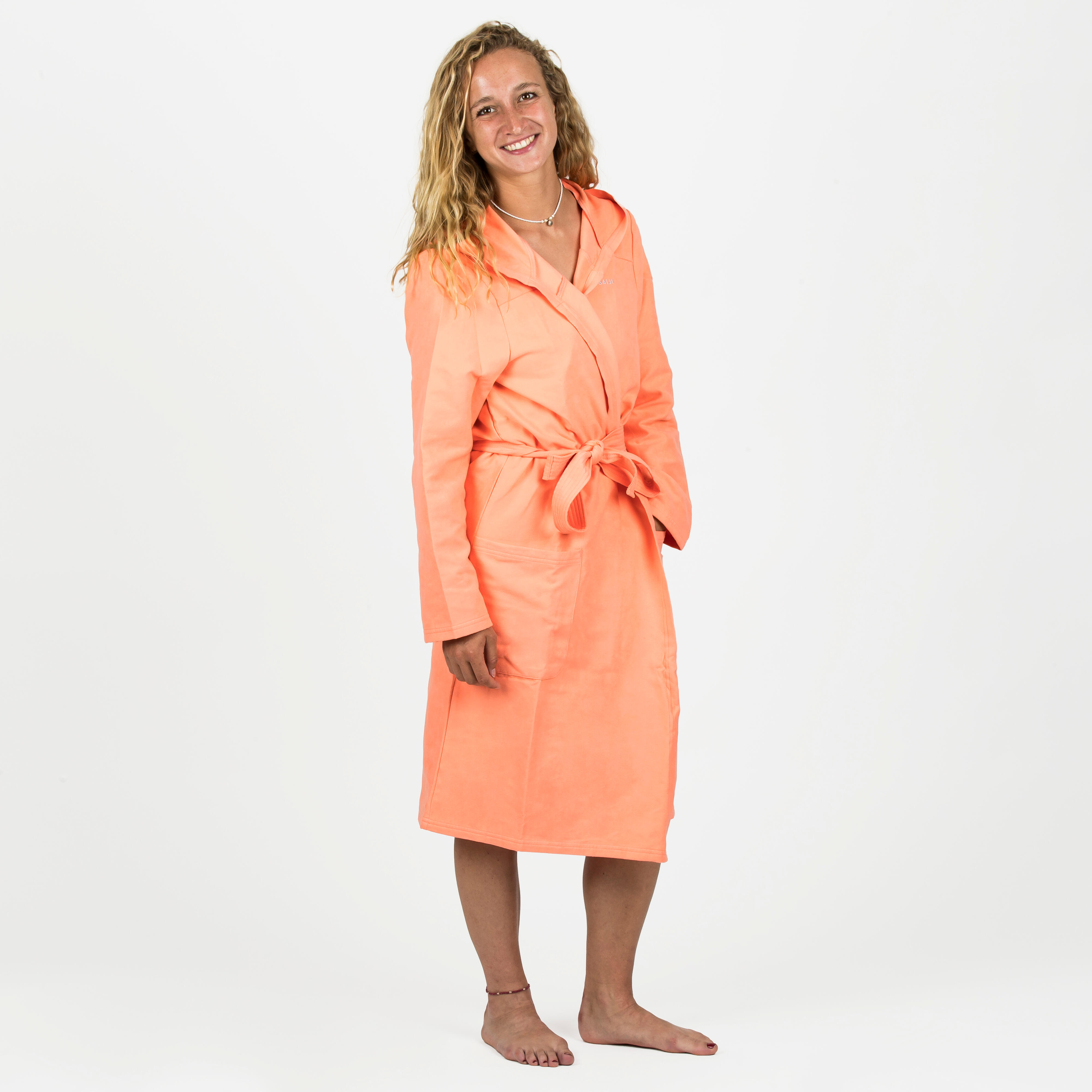 Coral microfiber hooded compact bathrobe for women