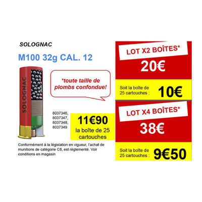 Cartucho Caza Solognac M100 32 gr Calibre 12/67 Perdigón N.° 9 X 25