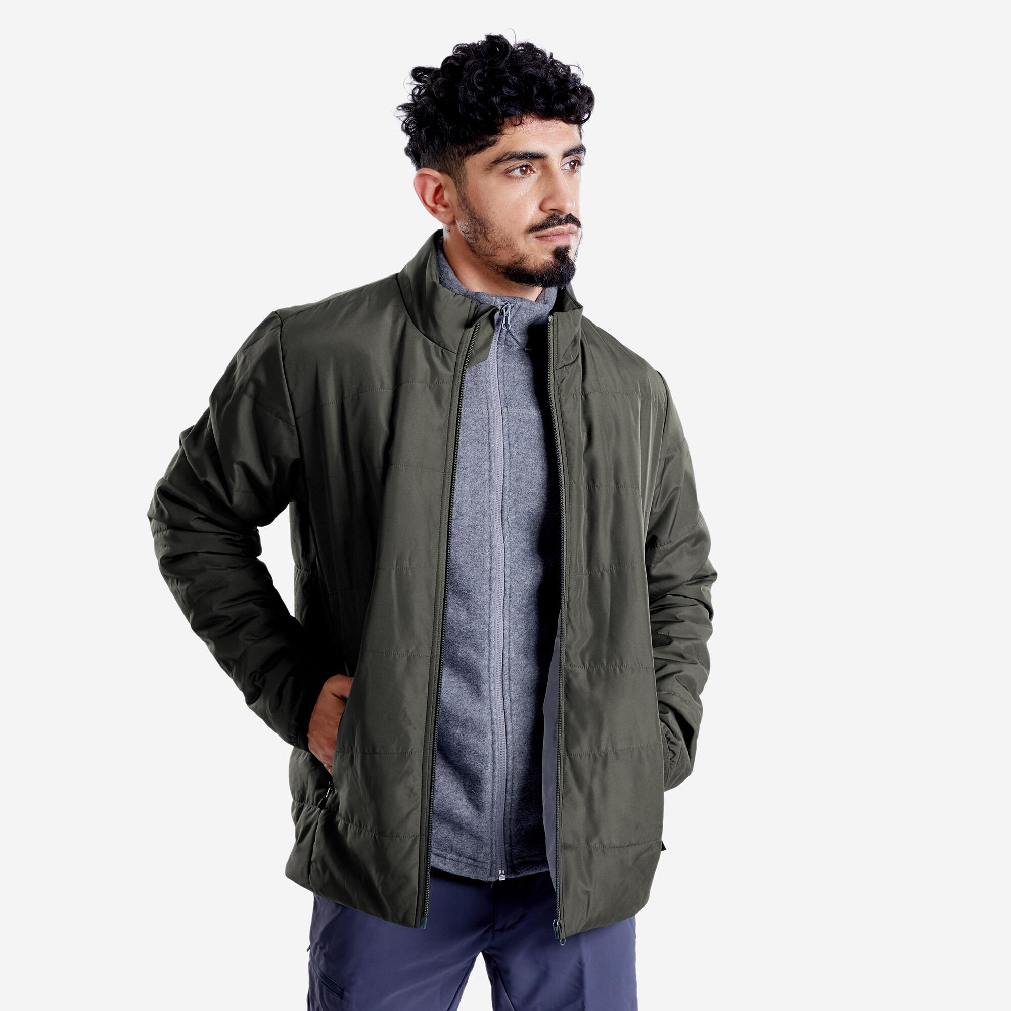 Men Puffer Jacket for Trekking - MT50 Khaki