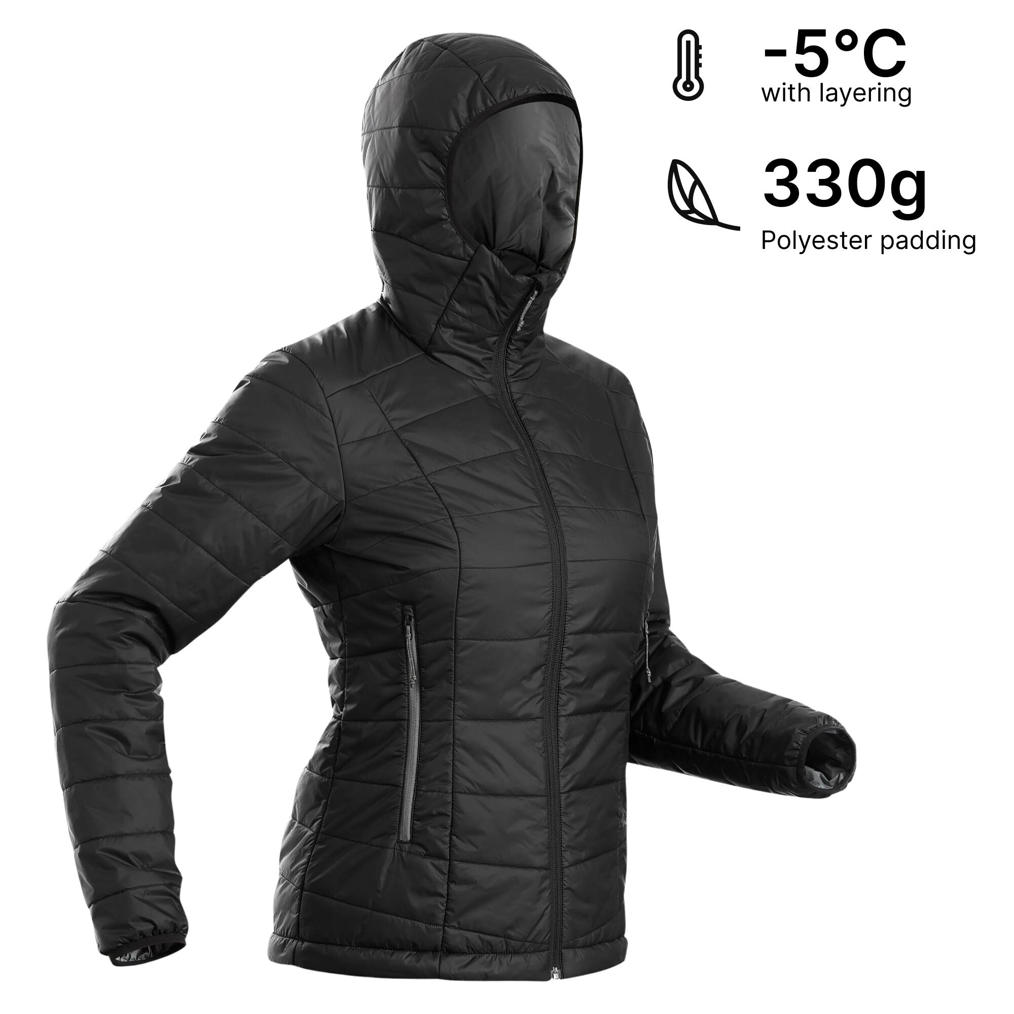 Wattierte Trekking-Jacke Synthetik mit Kapuze Damen, MT100 schwarz 14/20