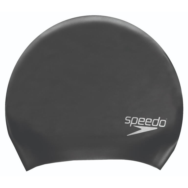 Black silicone swim cap with extra volume for long hair