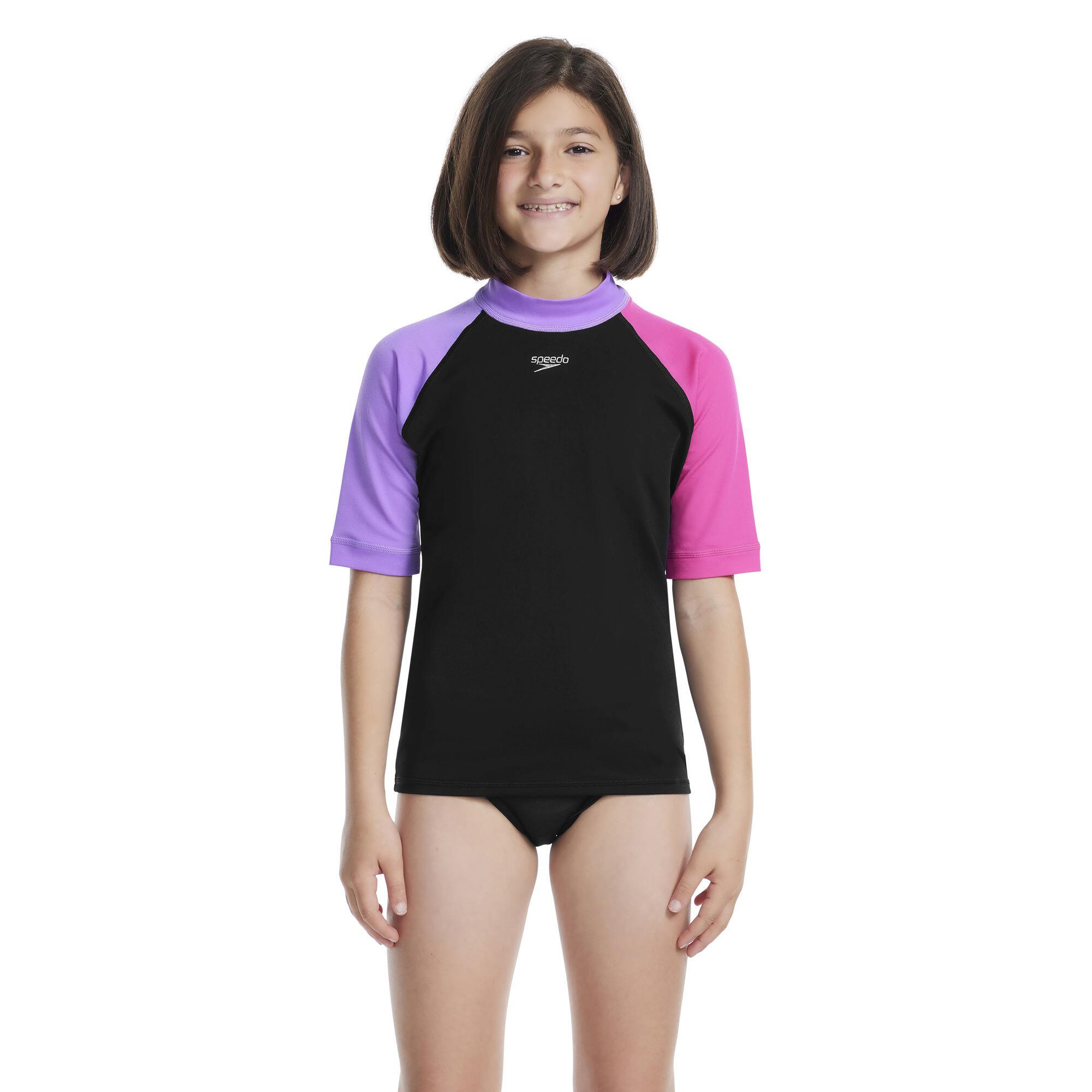 Speedo Girls Short Sleeve Rash Top - Black/Sweet Purple/Flare Pink