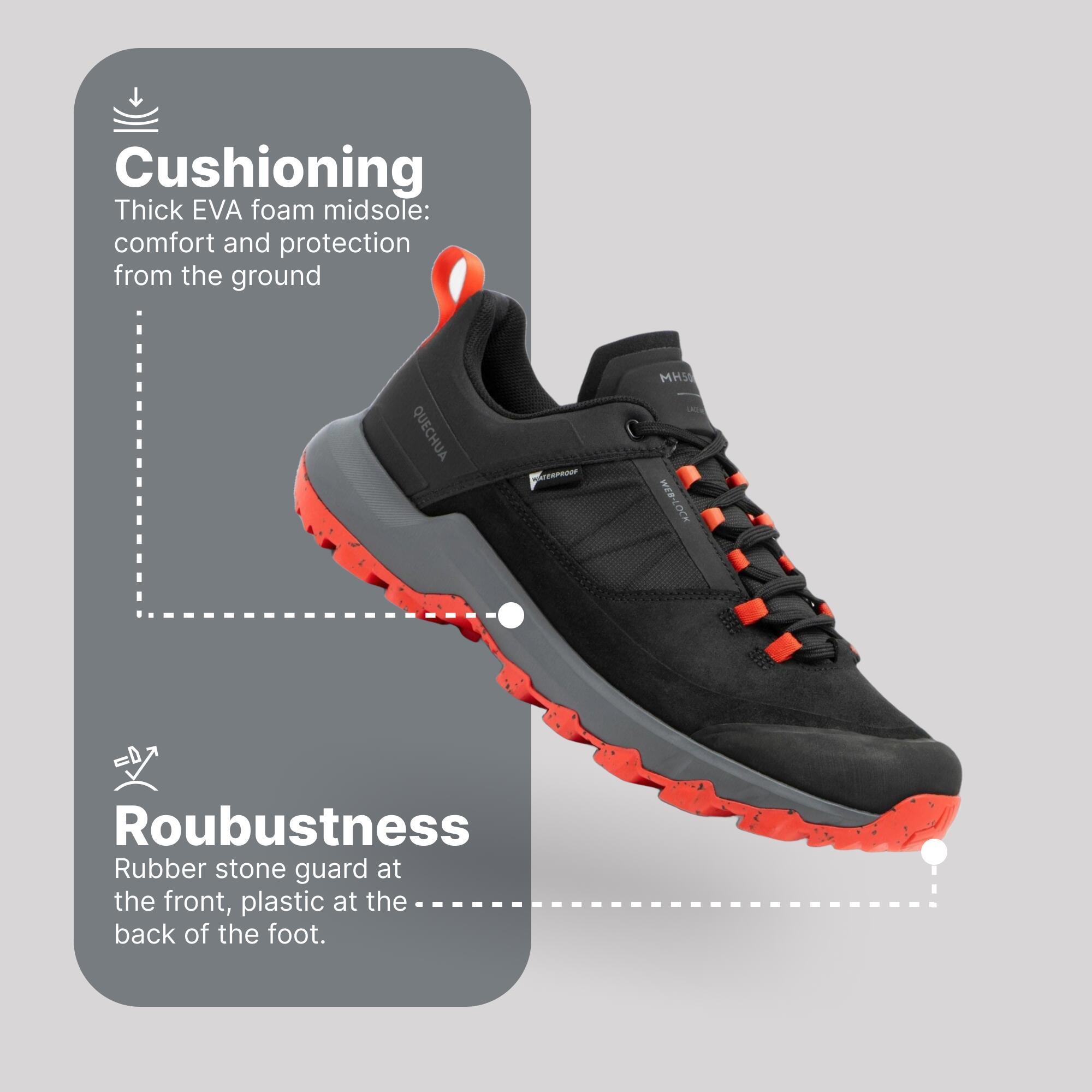 Men Waterproof Hiking Shoes Low Ankle with Cushion Comfort Black - MH500