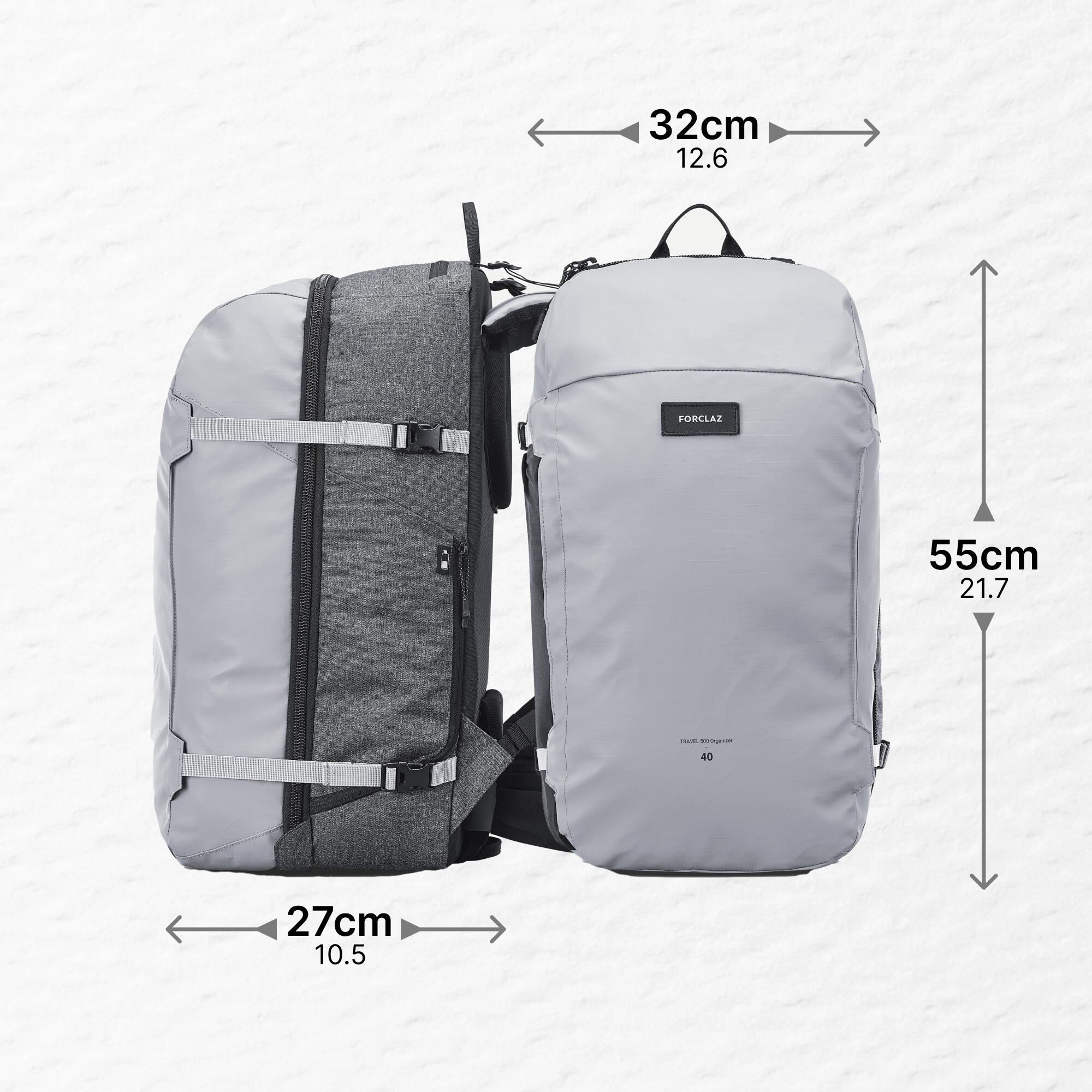 40 L Travel backpack, Travel 500 Organiser - Grey 3/24