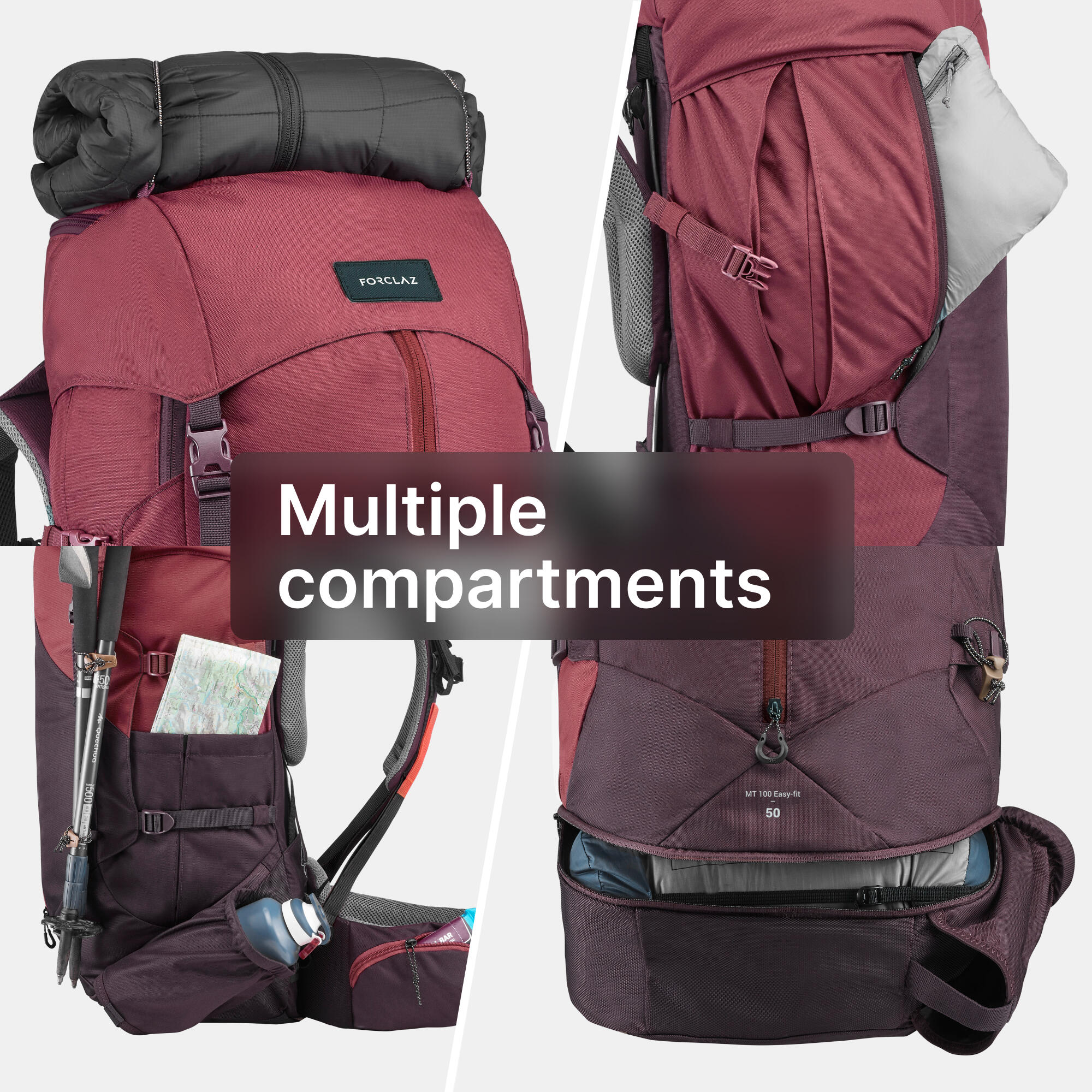 Trekking 50 L Backpack MT100 Easy-Fit - Bordeaux