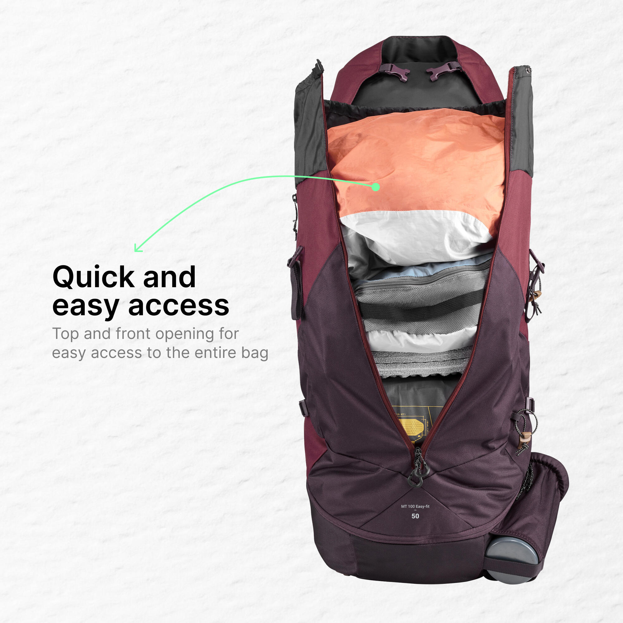Trekking 50 L Backpack MT100 Easy-Fit - Bordeaux
