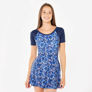 Women's Short Sleeve Skirt Swimsuit Una Mini Quick-Dry & Stretchable Dark Blue