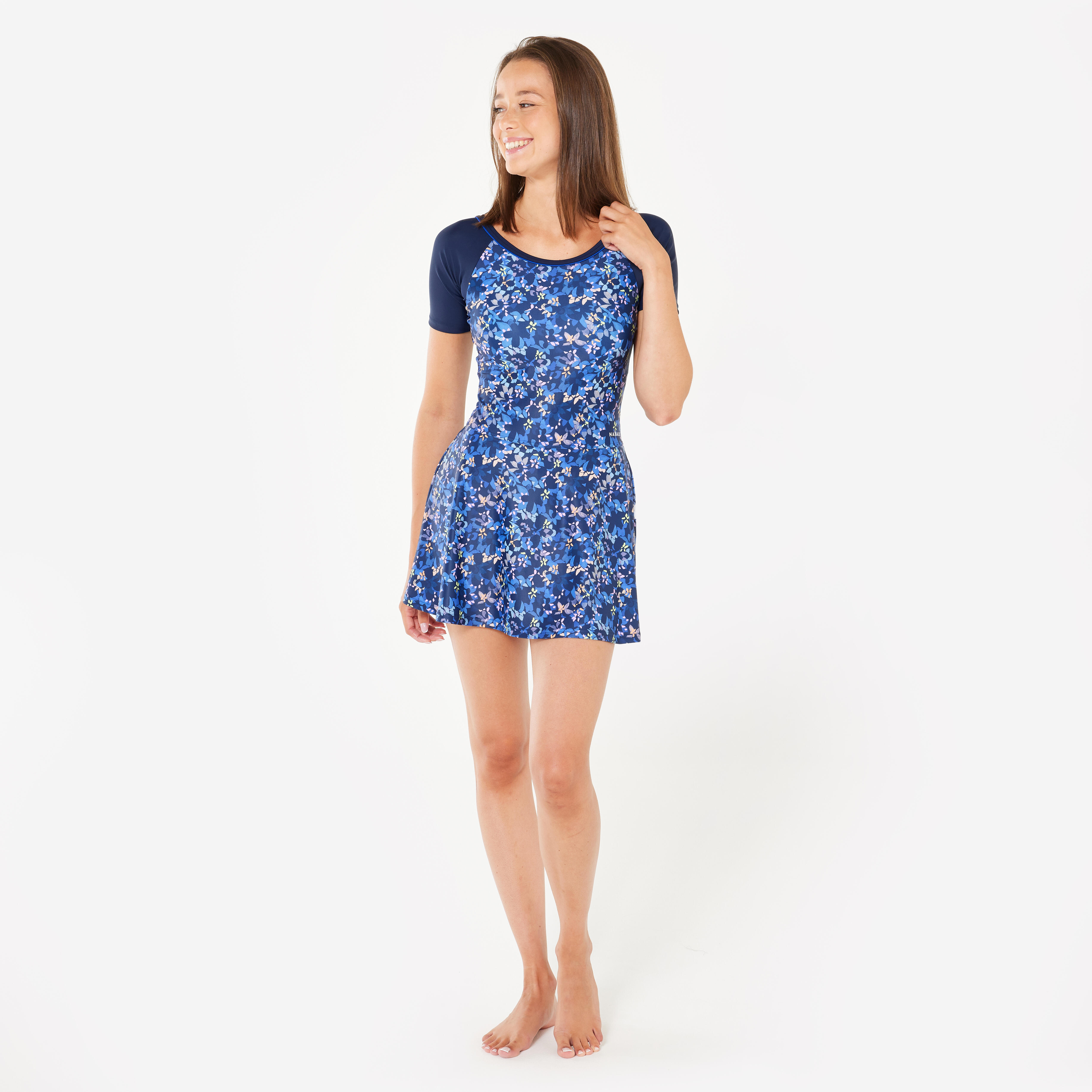 Women's Short Sleeve Skirt Swimsuit Una Mini Quick-Dry & Stretchable Dark Blue