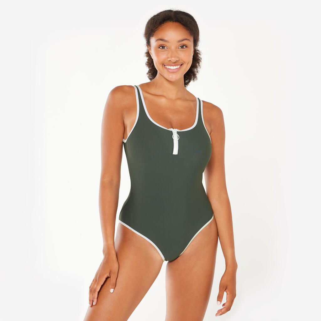 Maillot de bain 1 pièce natation Femme - Heva Joy zip kaki