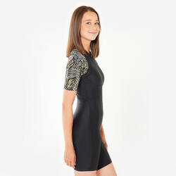 One-piece shorty swimsuit with zip and fixed pads black with print
