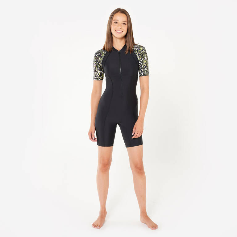 One-piece shorty swimsuit with zip and fixed pads black with print