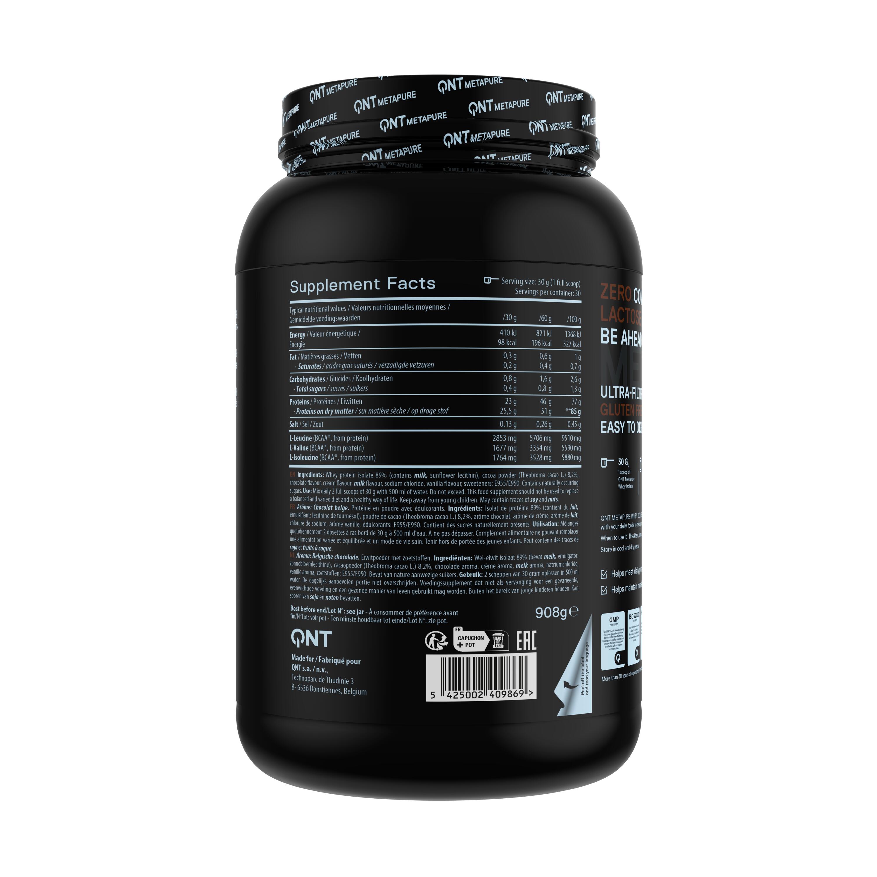 Wei-eiwit isolaat voor krachttraining Belgische chocolade Metapure 908 g 2/3