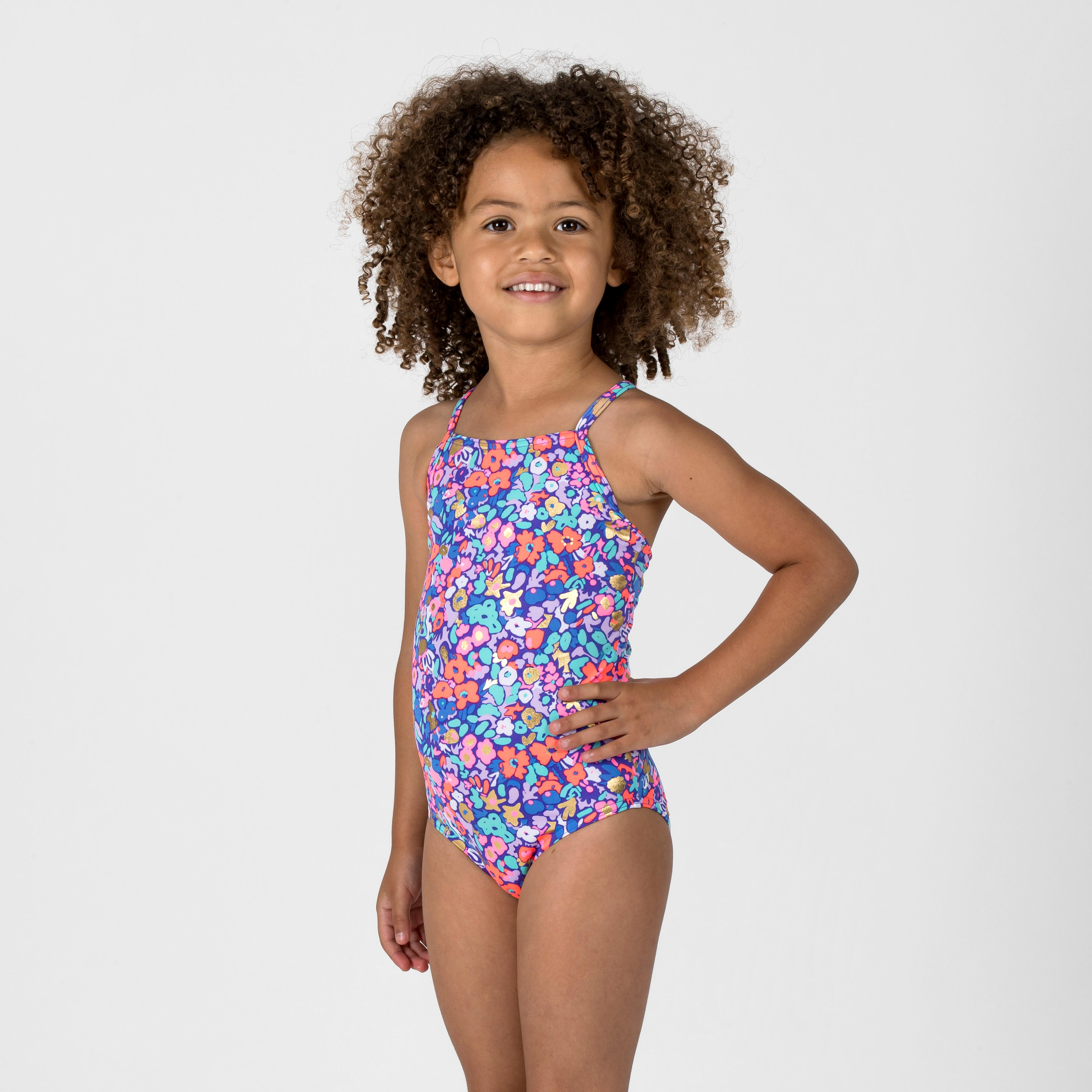 Girls' surfing floral 1-piece swimsuit Hanalei blue and pink