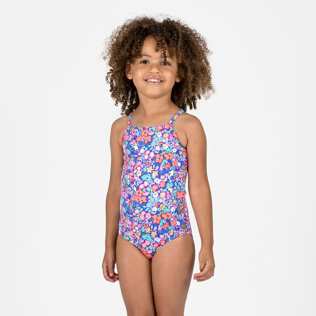 Girls’ surfing floral 1-piece swimsuit - Hanalei blue and pink
