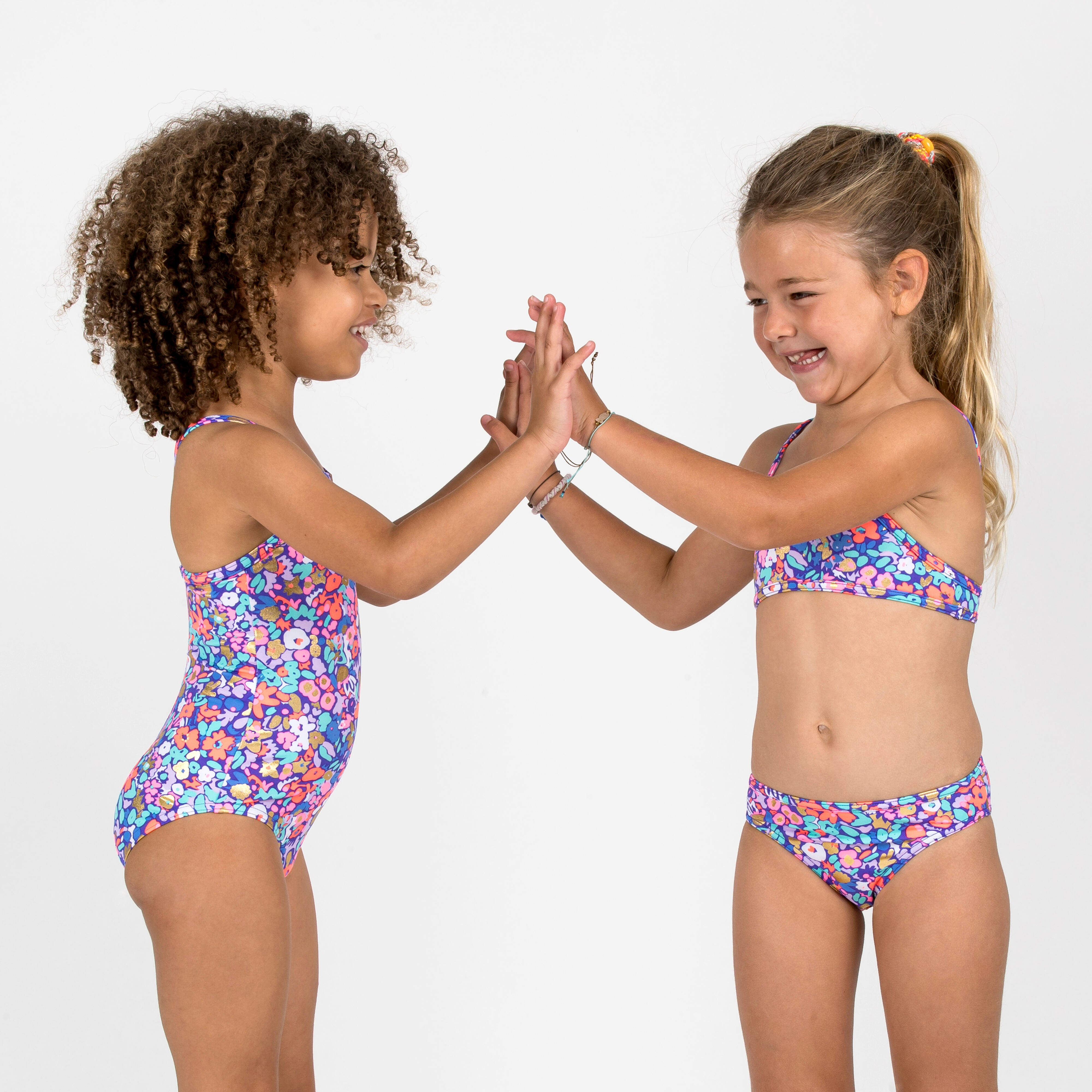 Girls' surfing floral 1-piece swimsuit - Hanalei blue and pink